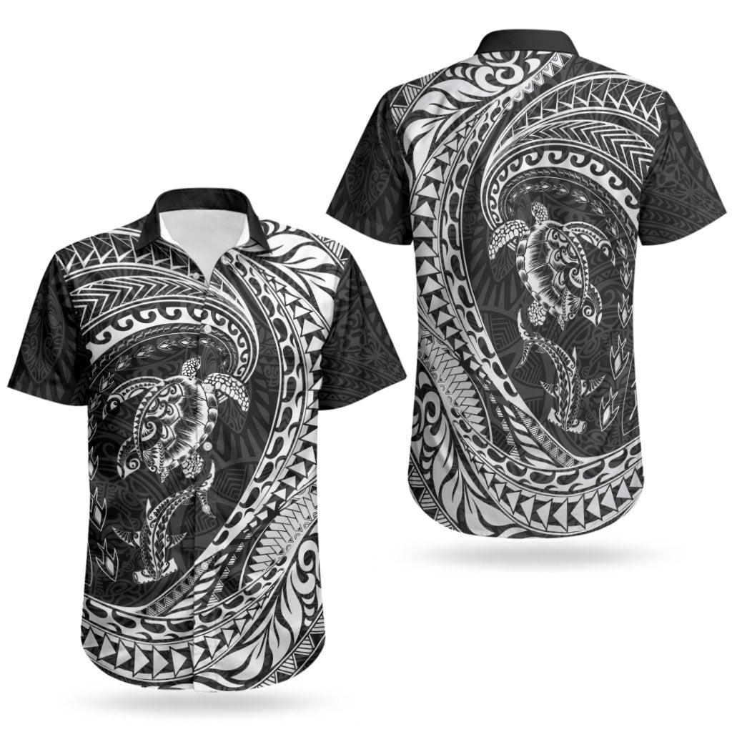 Hawaiian Turtle and Shark Couples Matching Off Shoulder Maxi Dress and Hawaiian Shirt Kakau Tribal with Polynesian Pattern Black Color LT03 - Polynesian Pride