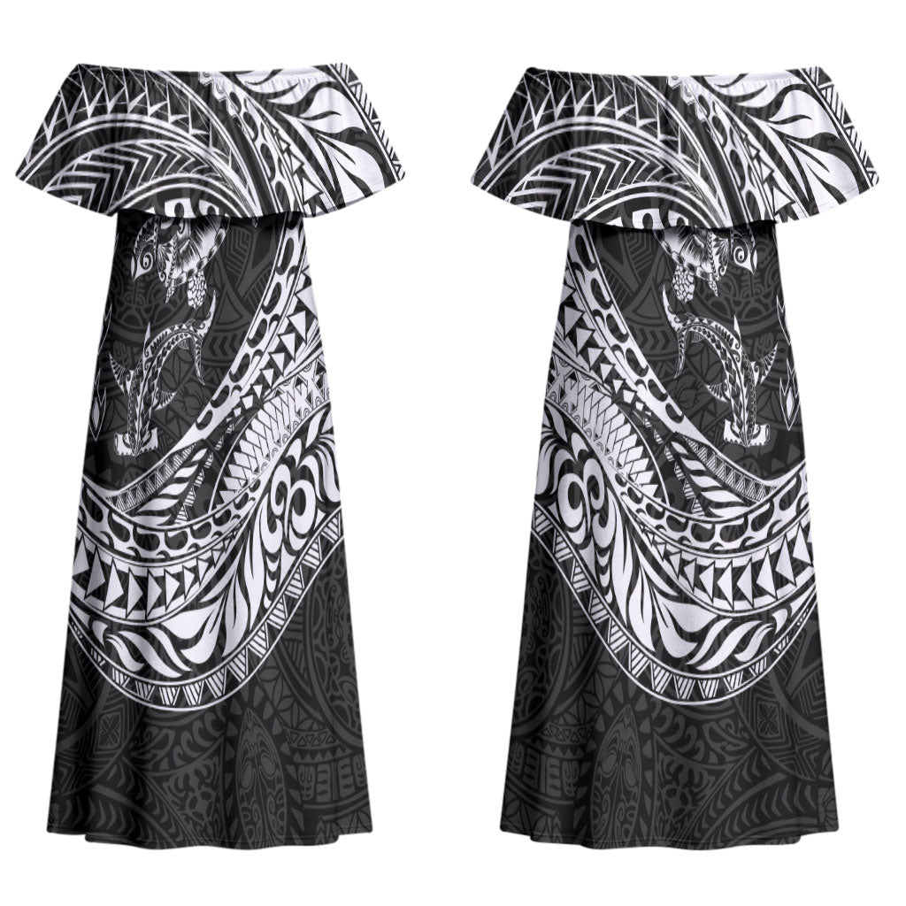 Hawaiian Turtle and Shark Couples Matching Off Shoulder Maxi Dress and Hawaiian Shirt Kakau Tribal with Polynesian Pattern Black Color LT03 - Polynesian Pride