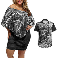 Hawaiian Turtle and Shark Couples Matching Off Shoulder Short Dress and Hawaiian Shirt Kakau Tribal with Polynesian Pattern Black Color LT03 Black - Polynesian Pride