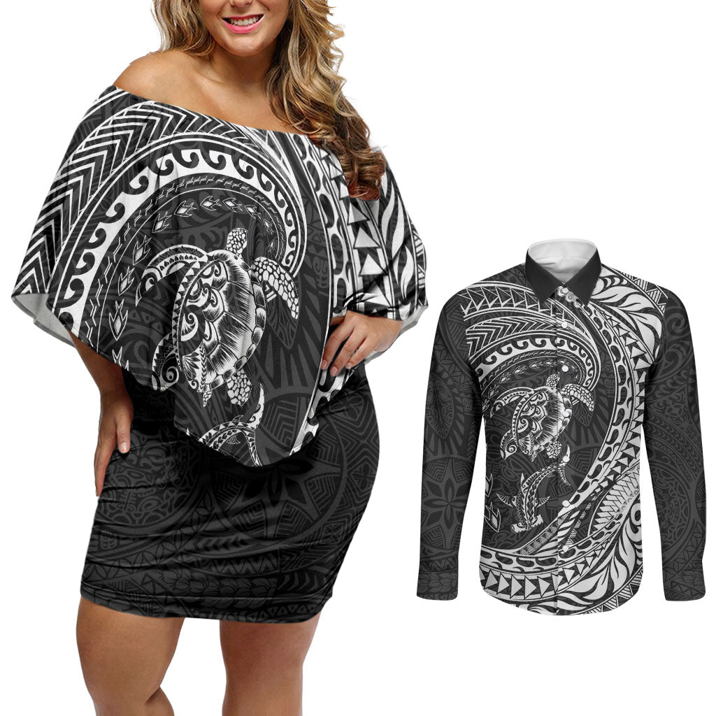 Hawaiian Turtle and Shark Couples Matching Off Shoulder Short Dress and Long Sleeve Button Shirt Kakau Tribal with Polynesian Pattern Black Color LT03 Black - Polynesian Pride