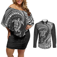 Hawaiian Turtle and Shark Couples Matching Off Shoulder Short Dress and Long Sleeve Button Shirt Kakau Tribal with Polynesian Pattern Black Color LT03 Black - Polynesian Pride