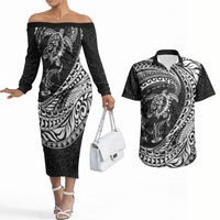Hawaiian Turtle and Shark Couples Matching Off The Shoulder Long Sleeve Dress and Hawaiian Shirt Kakau Tribal with Polynesian Pattern Black Color LT03 Black - Polynesian Pride