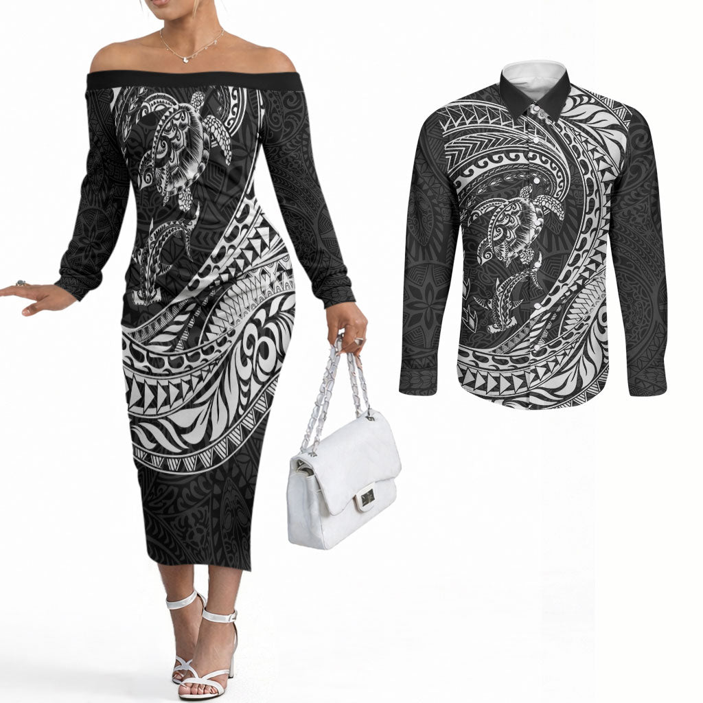 Hawaiian Turtle and Shark Couples Matching Off The Shoulder Long Sleeve Dress and Long Sleeve Button Shirt Kakau Tribal with Polynesian Pattern Black Color LT03 Black - Polynesian Pride