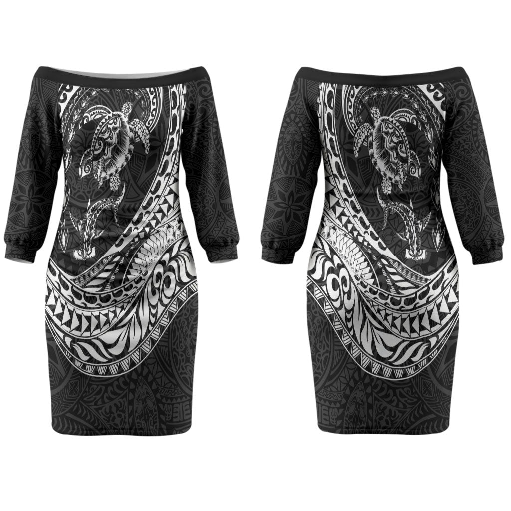 Hawaiian Turtle and Shark Couples Matching Off The Shoulder Long Sleeve Dress and Long Sleeve Button Shirt Kakau Tribal with Polynesian Pattern Black Color LT03 - Polynesian Pride