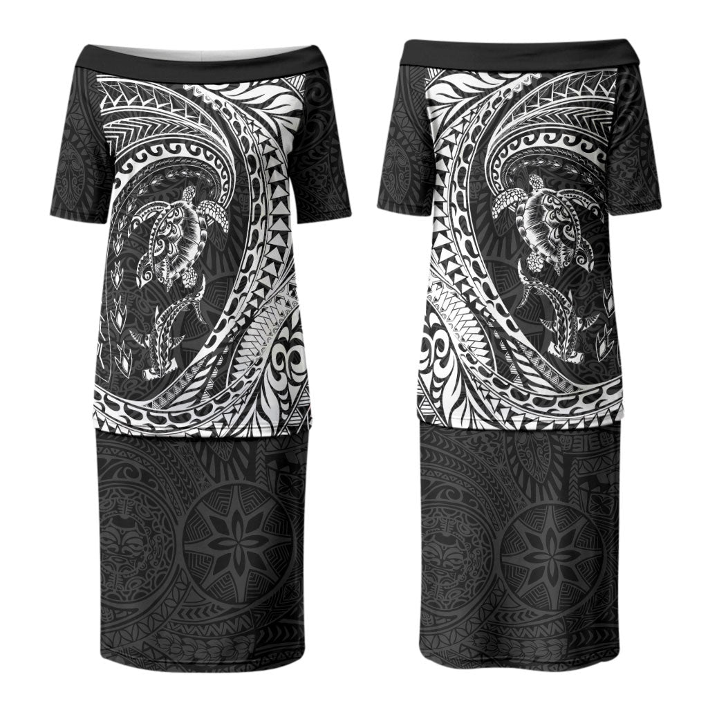 Hawaiian Turtle and Shark Couples Matching Puletasi and Hawaiian Shirt Kakau Tribal with Polynesian Pattern Black Color LT03 - Polynesian Pride