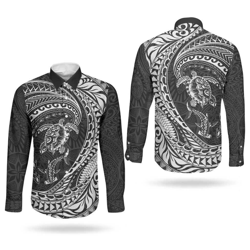 Hawaiian Turtle and Shark Couples Matching Puletasi and Long Sleeve Button Shirt Kakau Tribal with Polynesian Pattern Black Color LT03 - Polynesian Pride