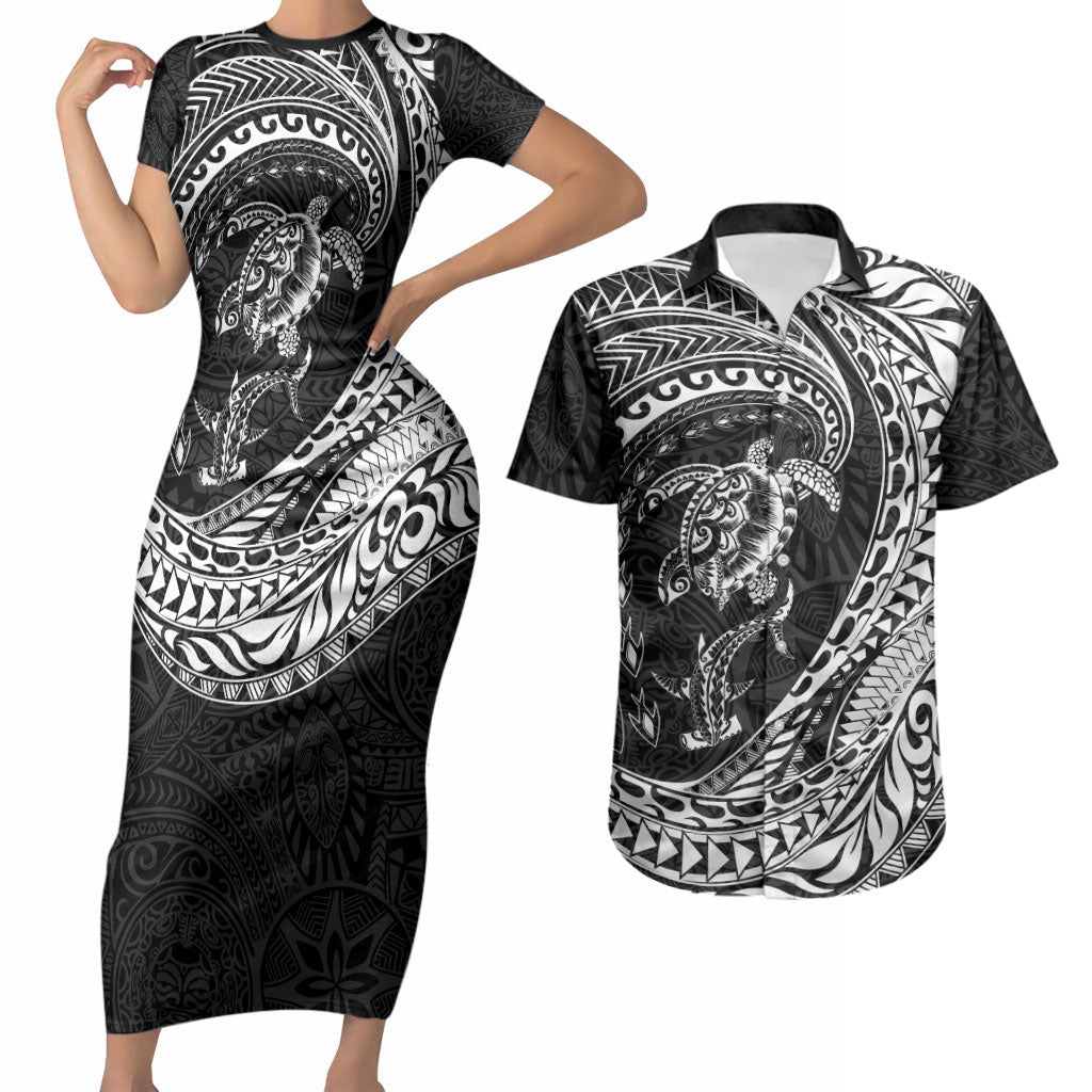 Hawaiian Turtle and Shark Couples Matching Short Sleeve Bodycon Dress and Hawaiian Shirt Kakau Tribal with Polynesian Pattern Black Color LT03 Black - Polynesian Pride