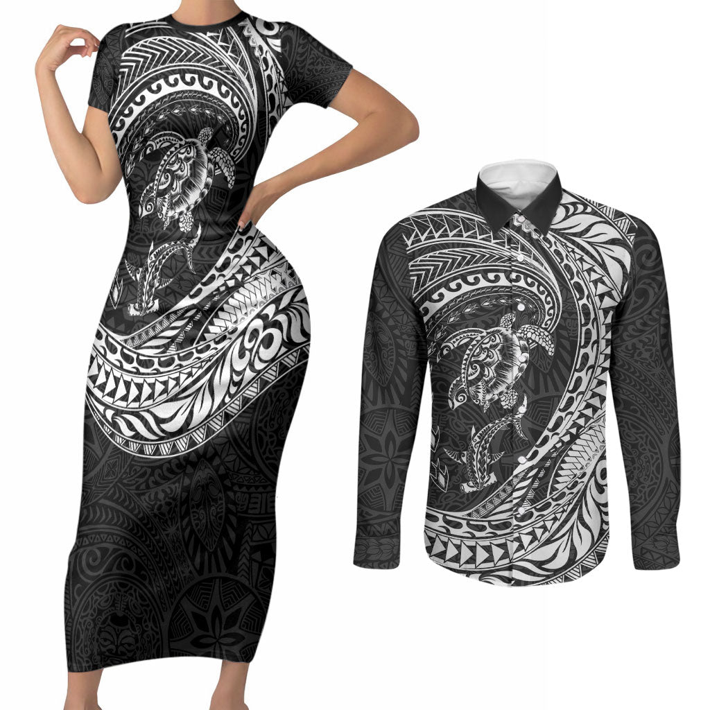 Hawaiian Turtle and Shark Couples Matching Short Sleeve Bodycon Dress and Long Sleeve Button Shirt Kakau Tribal with Polynesian Pattern Black Color LT03 Black - Polynesian Pride