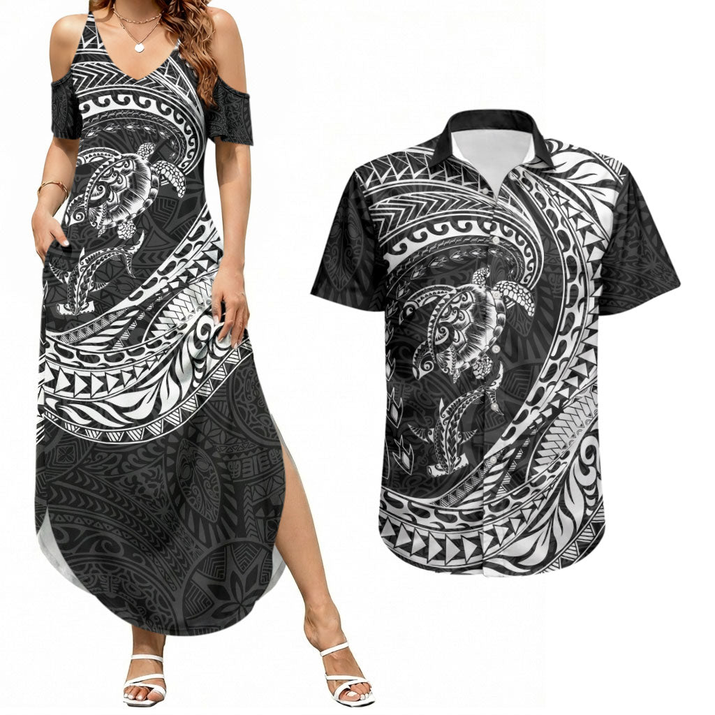 Hawaiian Turtle and Shark Couples Matching Summer Maxi Dress and Hawaiian Shirt Kakau Tribal with Polynesian Pattern Black Color LT03 Black - Polynesian Pride