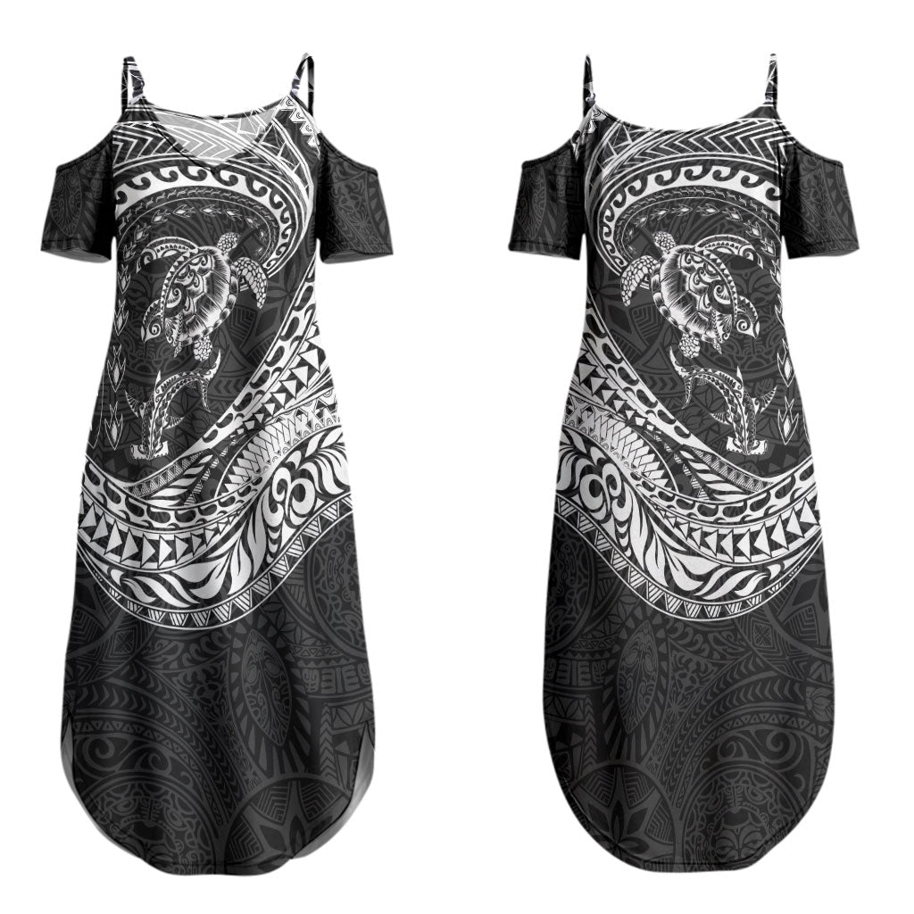 Hawaiian Turtle and Shark Couples Matching Summer Maxi Dress and Long Sleeve Button Shirt Kakau Tribal with Polynesian Pattern Black Color LT03 - Polynesian Pride