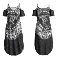 Hawaiian Turtle and Shark Couples Matching Summer Maxi Dress and Long Sleeve Button Shirt Kakau Tribal with Polynesian Pattern Black Color LT03 - Polynesian Pride
