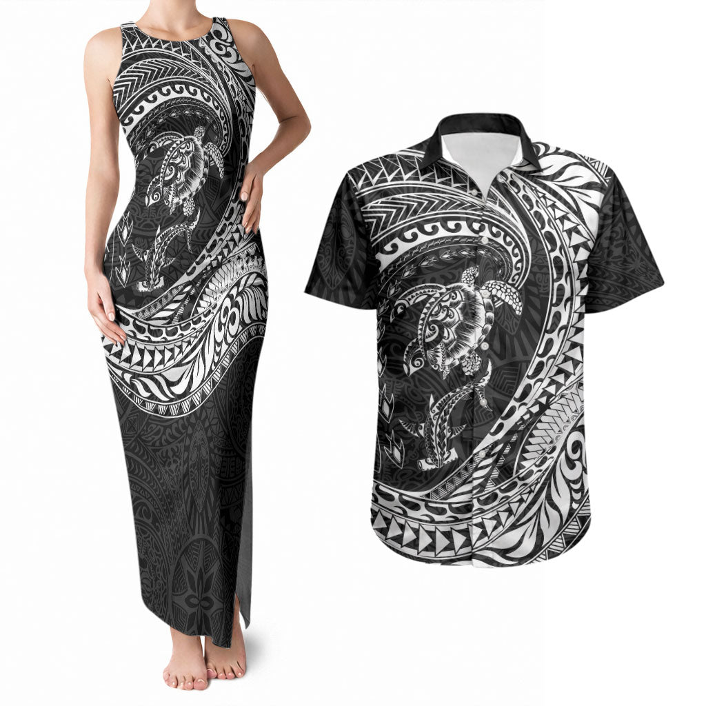 Hawaiian Turtle and Shark Couples Matching Tank Maxi Dress and Hawaiian Shirt Kakau Tribal with Polynesian Pattern Black Color LT03 Black - Polynesian Pride