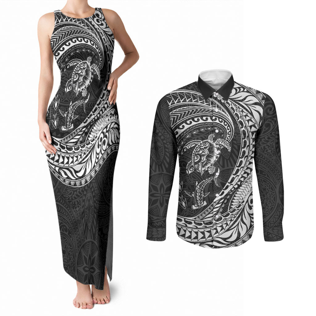 Hawaiian Turtle and Shark Couples Matching Tank Maxi Dress and Long Sleeve Button Shirt Kakau Tribal with Polynesian Pattern Black Color LT03 Black - Polynesian Pride