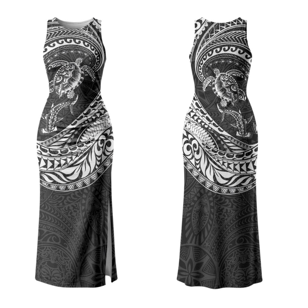 Hawaiian Turtle and Shark Couples Matching Tank Maxi Dress and Long Sleeve Button Shirt Kakau Tribal with Polynesian Pattern Black Color LT03 - Polynesian Pride