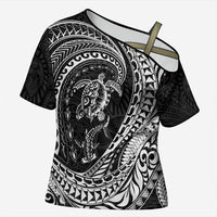 Hawaiian Turtle and Shark Cross Shoulder Shirt Kakau Tribal with Polynesian Pattern Black Color LT03 Female Black - Polynesian Pride