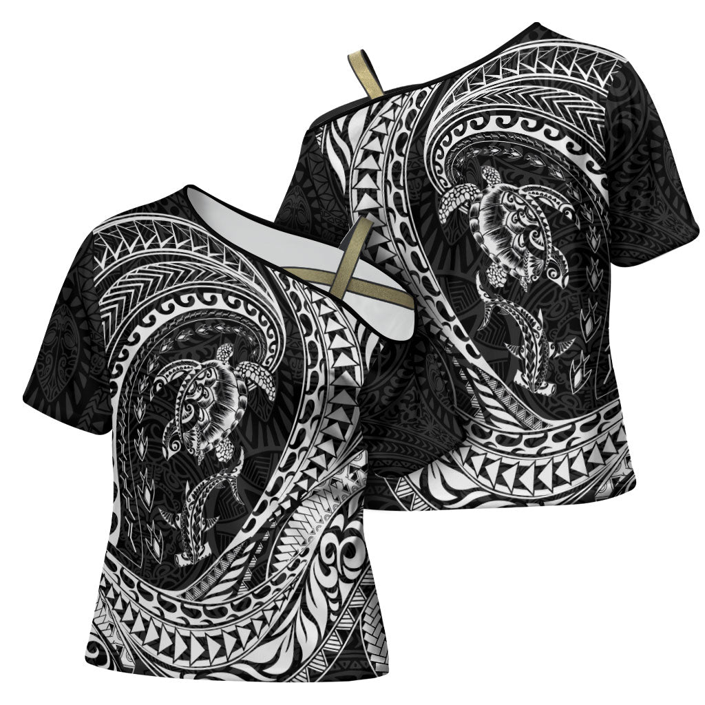 Hawaiian Turtle and Shark Cross Shoulder Shirt Kakau Tribal with Polynesian Pattern Black Color LT03 - Polynesian Pride