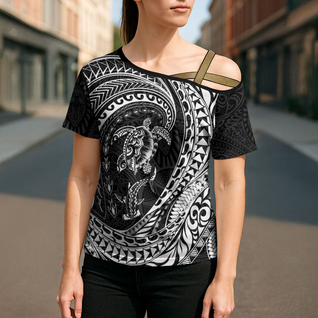 Hawaiian Turtle and Shark Cross Shoulder Shirt Kakau Tribal with Polynesian Pattern Black Color LT03 - Polynesian Pride