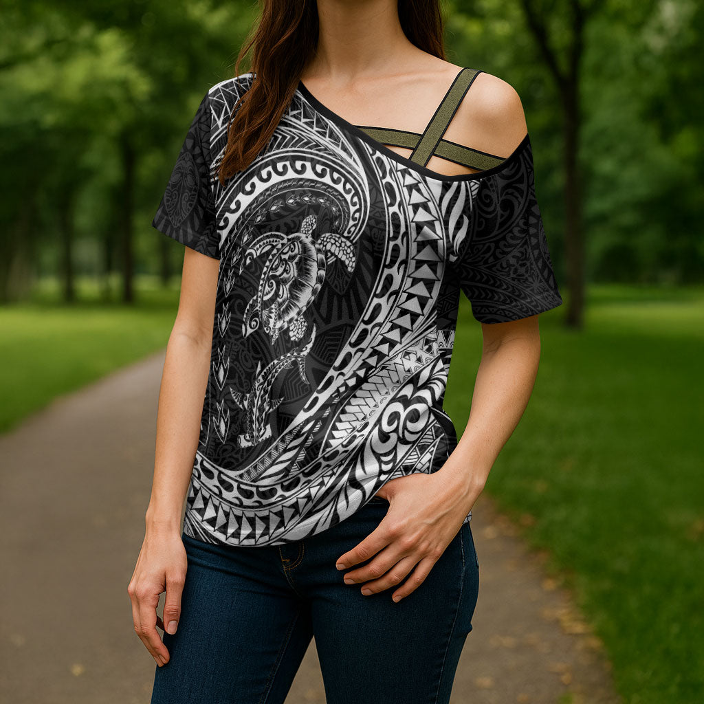 Hawaiian Turtle and Shark Cross Shoulder Shirt Kakau Tribal with Polynesian Pattern Black Color LT03 - Polynesian Pride