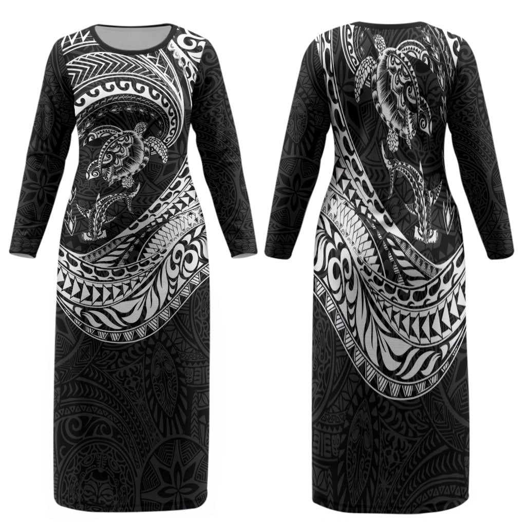 Hawaiian Turtle and Shark Family Matching Long Sleeve Bodycon Dress and Hawaiian Shirt Kakau Tribal with Polynesian Pattern Black Color LT03 Mom's Dress Black - Polynesian Pride