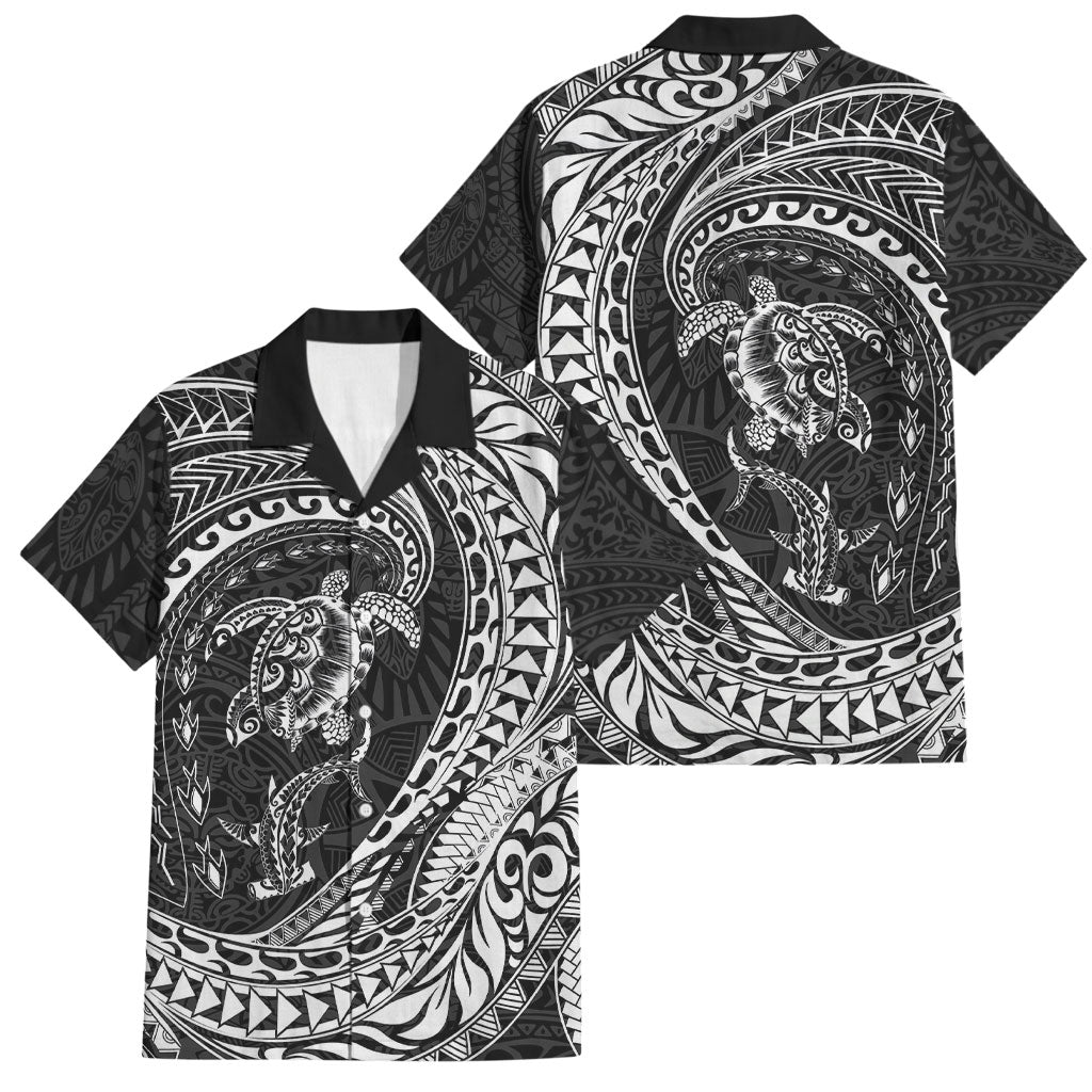 Hawaiian Turtle and Shark Family Matching Long Sleeve Bodycon Dress and Hawaiian Shirt Kakau Tribal with Polynesian Pattern Black Color LT03 Dad's Shirt - Short Sleeve Black - Polynesian Pride