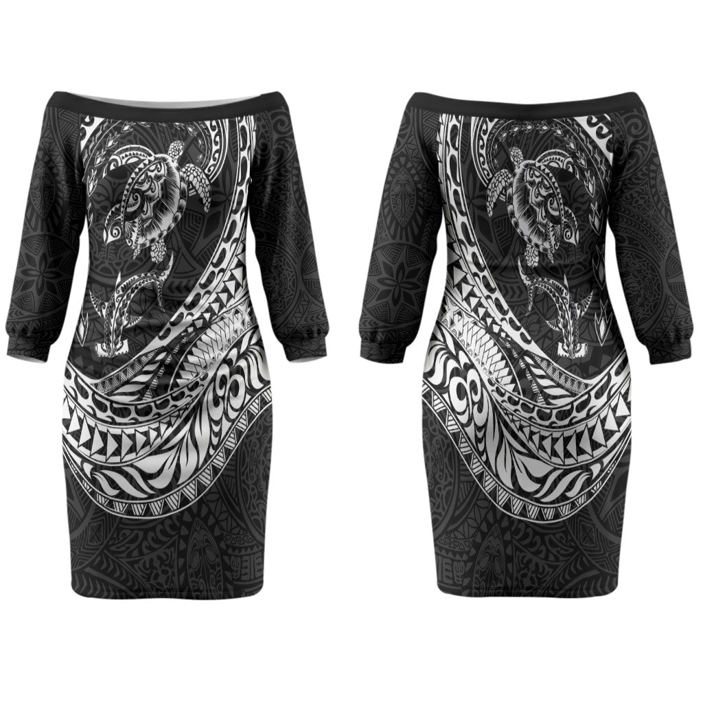 Hawaiian Turtle and Shark Family Matching Off The Shoulder Long Sleeve Dress and Hawaiian Shirt Kakau Tribal with Polynesian Pattern Black Color LT03 Mom's Dress Black - Polynesian Pride