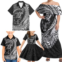 Hawaiian Turtle and Shark Family Matching Off Shoulder Maxi Dress and Hawaiian Shirt Kakau Tribal with Polynesian Pattern Black Color LT03 - Polynesian Pride