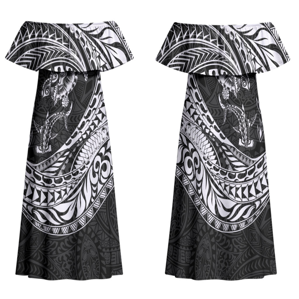 Hawaiian Turtle and Shark Family Matching Off Shoulder Maxi Dress and Hawaiian Shirt Kakau Tribal with Polynesian Pattern Black Color LT03 Mom's Dress Black - Polynesian Pride