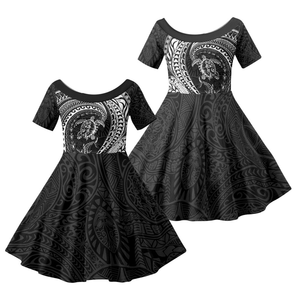 Hawaiian Turtle and Shark Family Matching Off Shoulder Short Dress and Hawaiian Shirt Kakau Tribal with Polynesian Pattern Black Color LT03 Daughter's Dress Black - Polynesian Pride