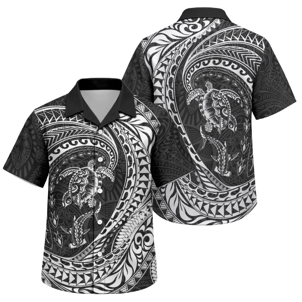 Hawaiian Turtle and Shark Family Matching Off Shoulder Short Dress and Hawaiian Shirt Kakau Tribal with Polynesian Pattern Black Color LT03 Son's Shirt Black - Polynesian Pride