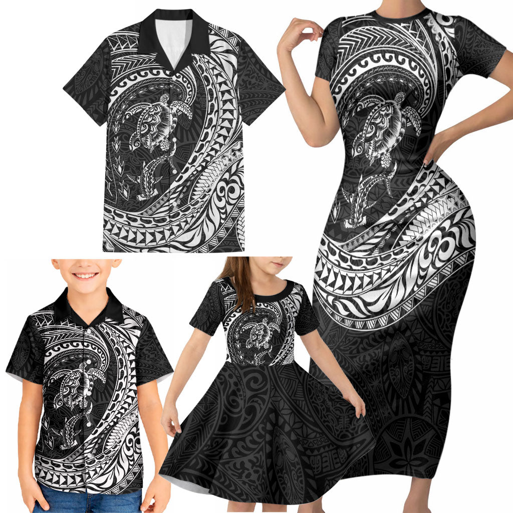 Hawaiian Turtle and Shark Family Matching Short Sleeve Bodycon Dress and Hawaiian Shirt Kakau Tribal with Polynesian Pattern Black Color LT03 - Polynesian Pride