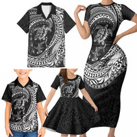 Hawaiian Turtle and Shark Family Matching Short Sleeve Bodycon Dress and Hawaiian Shirt Kakau Tribal with Polynesian Pattern Black Color LT03 - Polynesian Pride