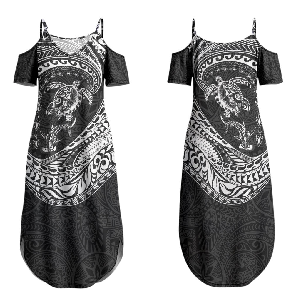 Hawaiian Turtle and Shark Family Matching Summer Maxi Dress and Hawaiian Shirt Kakau Tribal with Polynesian Pattern Black Color LT03 Mom's Dress Black - Polynesian Pride