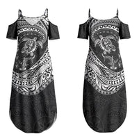 Hawaiian Turtle and Shark Family Matching Summer Maxi Dress and Hawaiian Shirt Kakau Tribal with Polynesian Pattern Black Color LT03 Mom's Dress Black - Polynesian Pride