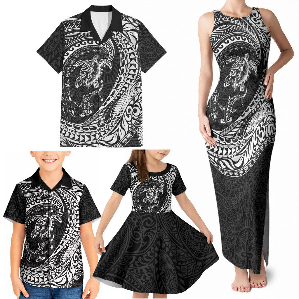 Hawaiian Turtle and Shark Family Matching Tank Maxi Dress and Hawaiian Shirt Kakau Tribal with Polynesian Pattern Black Color LT03 - Polynesian Pride