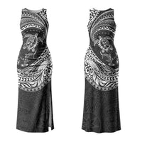 Hawaiian Turtle and Shark Family Matching Tank Maxi Dress and Hawaiian Shirt Kakau Tribal with Polynesian Pattern Black Color LT03 Mom's Dress Black - Polynesian Pride