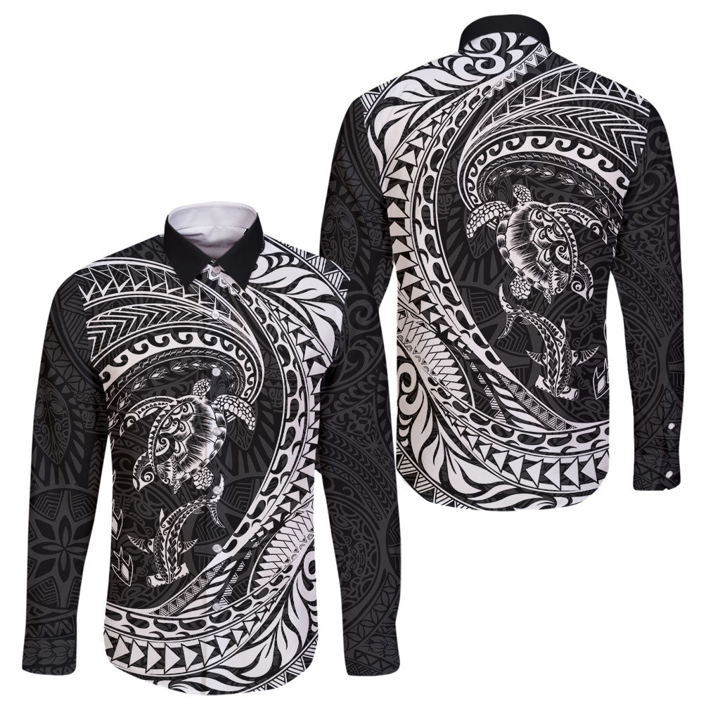 Hawaiian Turtle and Shark Family Matching Tank Maxi Dress and Hawaiian Shirt Kakau Tribal with Polynesian Pattern Black Color LT03 Dad's Shirt - Long Sleeve Black - Polynesian Pride