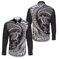 Hawaiian Turtle and Shark Family Matching Tank Maxi Dress and Hawaiian Shirt Kakau Tribal with Polynesian Pattern Black Color LT03 Dad's Shirt - Long Sleeve Black - Polynesian Pride