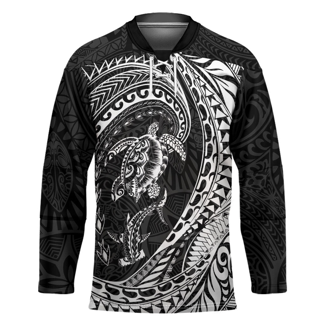 Hawaiian Turtle and Shark Hockey Jersey Kakau Tribal with Polynesian Pattern Black Color LT03 Unisex Black - Polynesian Pride