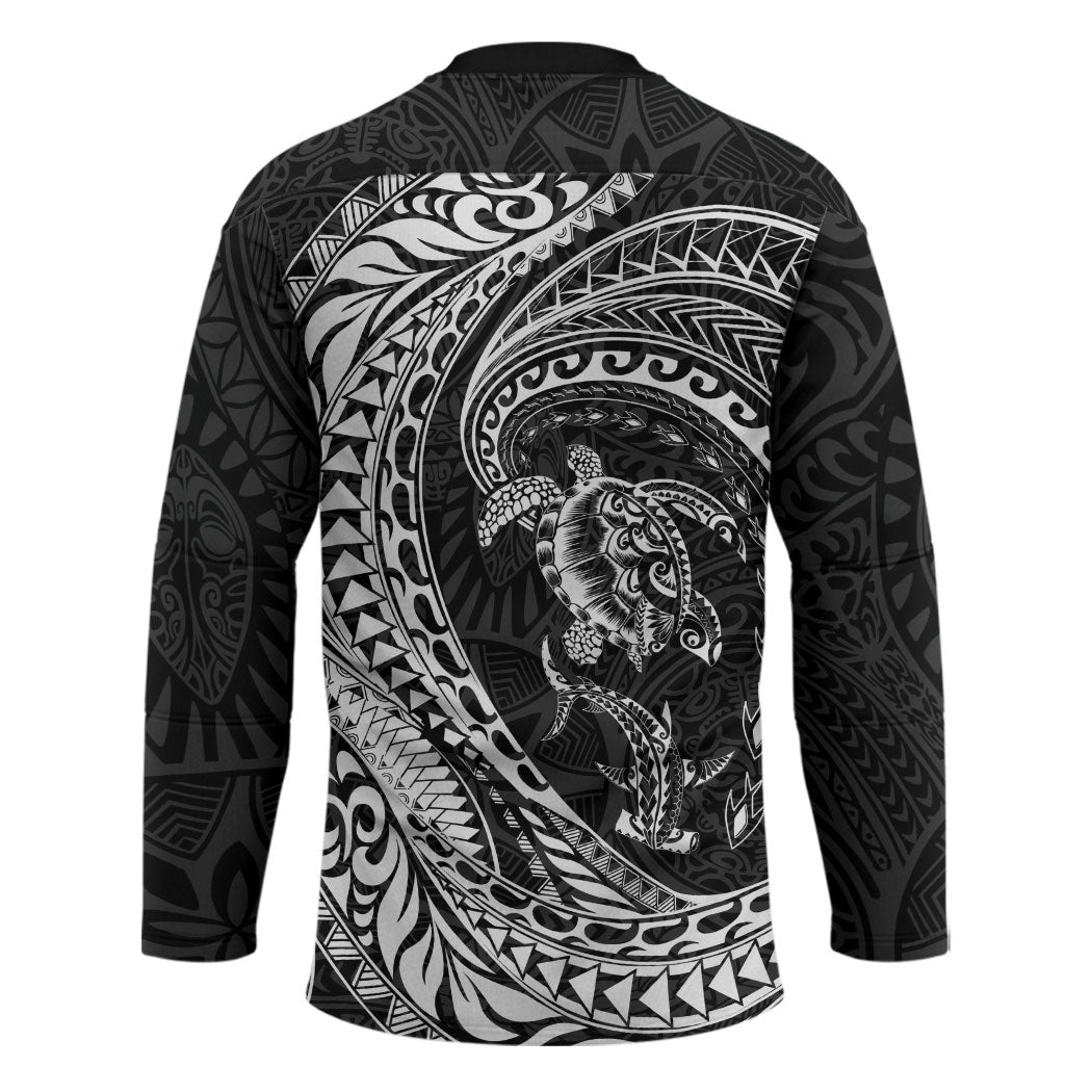 Hawaiian Turtle and Shark Hockey Jersey Kakau Tribal with Polynesian Pattern Black Color LT03 - Polynesian Pride