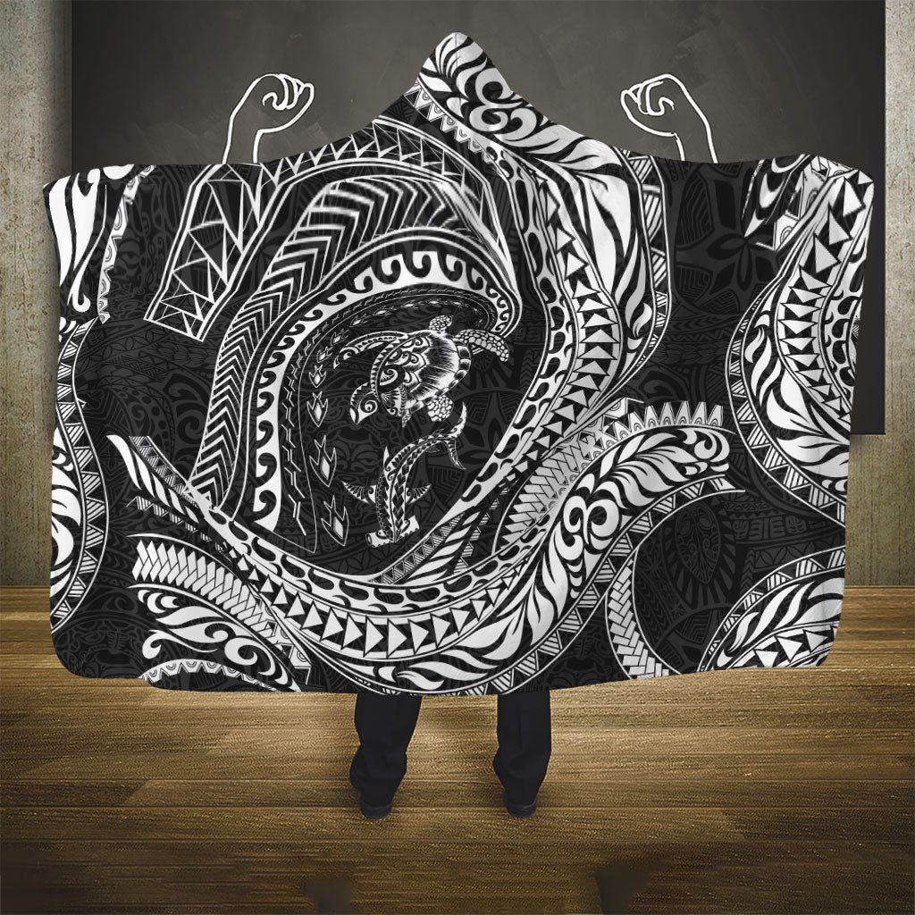 Hawaiian Turtle and Shark Hooded Blanket Kakau Tribal with Polynesian Pattern Black Color LT03 - Polynesian Pride
