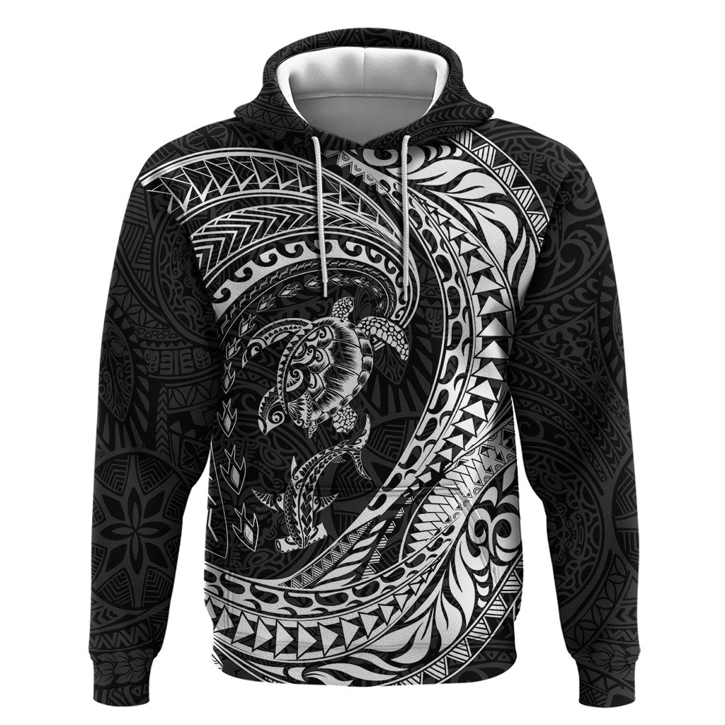 Hawaiian Turtle and Shark Hoodie Kakau Tribal with Polynesian Pattern Black Color LT03 Pullover Hoodie Black - Polynesian Pride