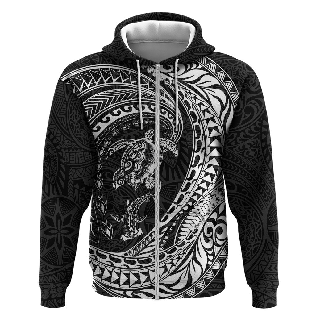 Hawaiian Turtle and Shark Hoodie Kakau Tribal with Polynesian Pattern Black Color LT03 Zip Hoodie Black - Polynesian Pride