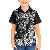 Hawaiian Turtle and Shark Kid Hawaiian Shirt Kakau Tribal with Polynesian Pattern Black Color LT03 Kid Black - Polynesian Pride