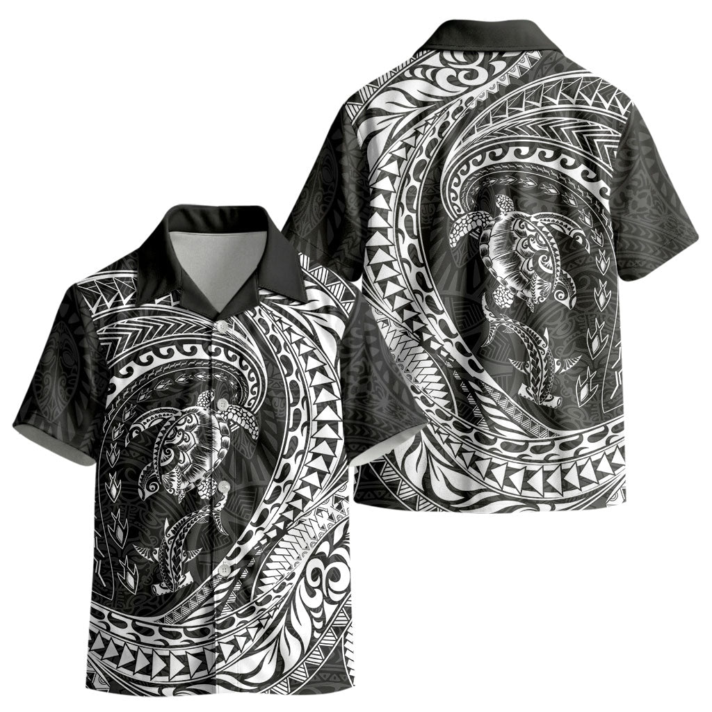 Hawaiian Turtle and Shark Kid Hawaiian Shirt Kakau Tribal with Polynesian Pattern Black Color LT03 - Polynesian Pride