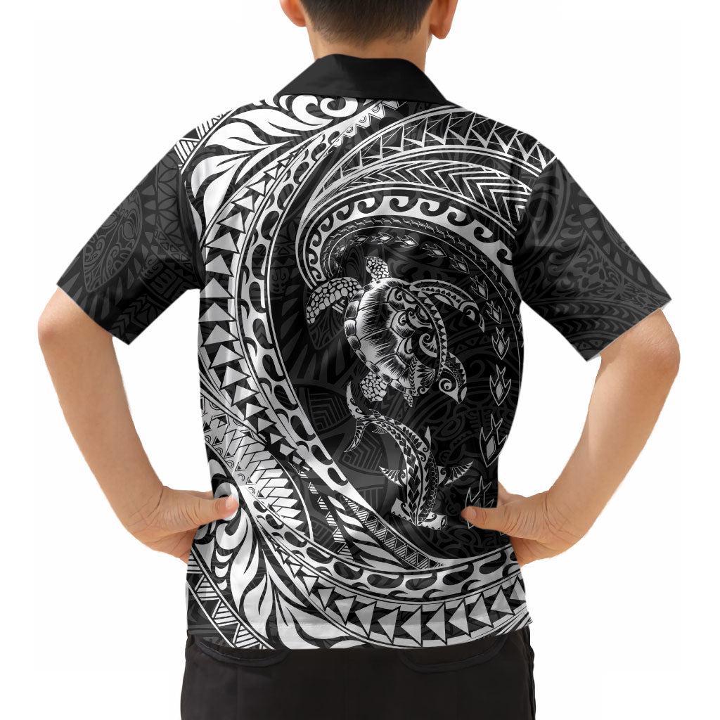 Hawaiian Turtle and Shark Kid Hawaiian Shirt Kakau Tribal with Polynesian Pattern Black Color LT03 - Polynesian Pride