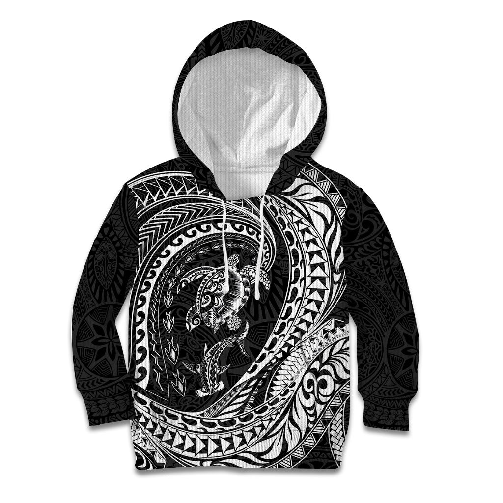 Hawaiian Turtle and Shark Kid Hoodie Kakau Tribal with Polynesian Pattern Black Color LT03 Hoodie Black - Polynesian Pride