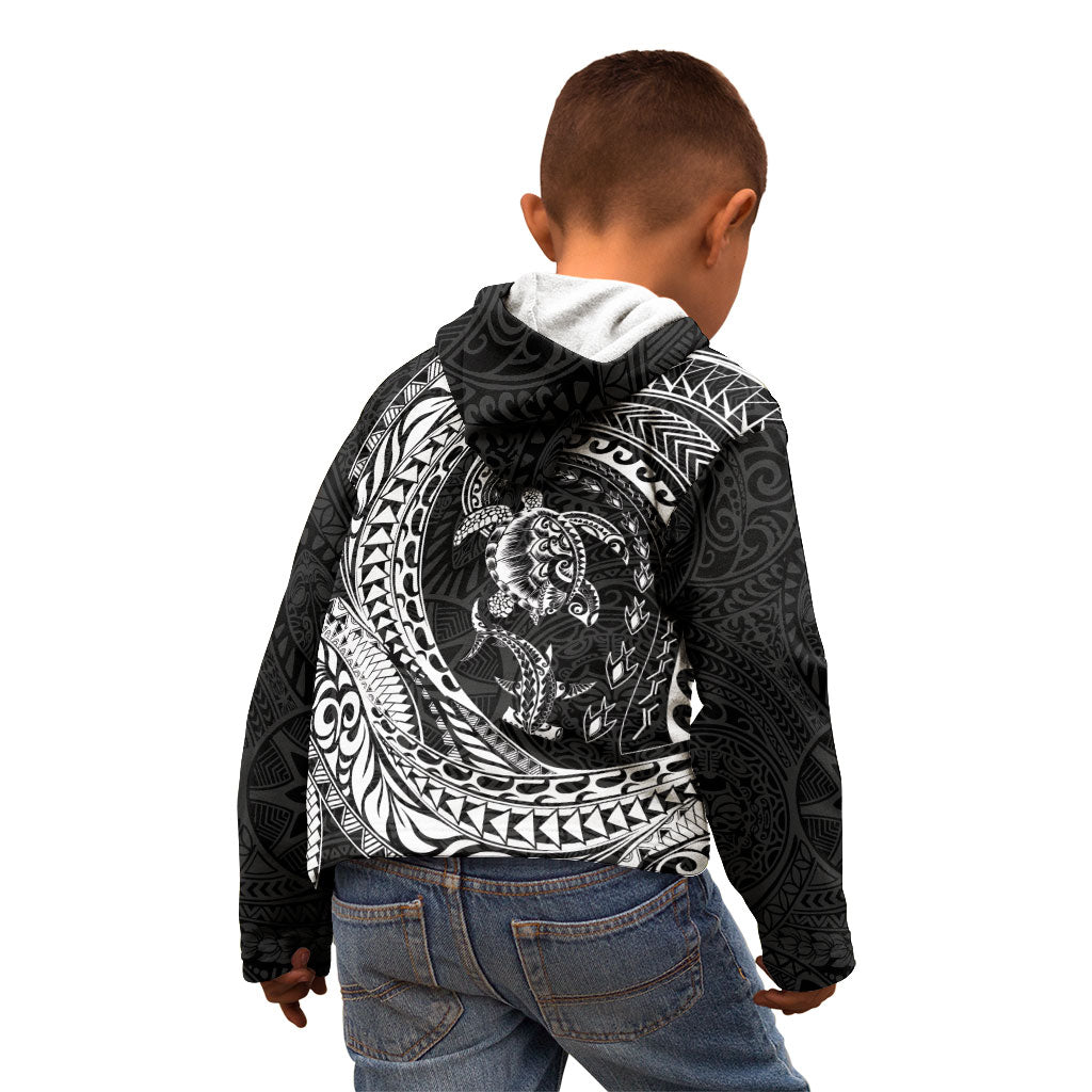 Hawaiian Turtle and Shark Kid Hoodie Kakau Tribal with Polynesian Pattern Black Color LT03 - Polynesian Pride
