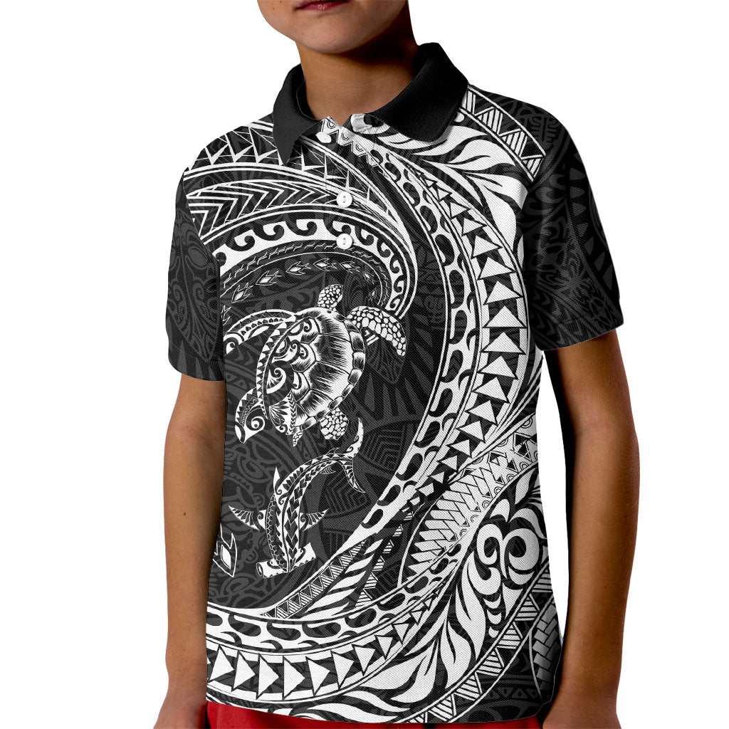 Hawaiian Turtle and Shark Kid Polo Shirt Kakau Tribal with Polynesian Pattern Black Color LT03 Kid Black - Polynesian Pride