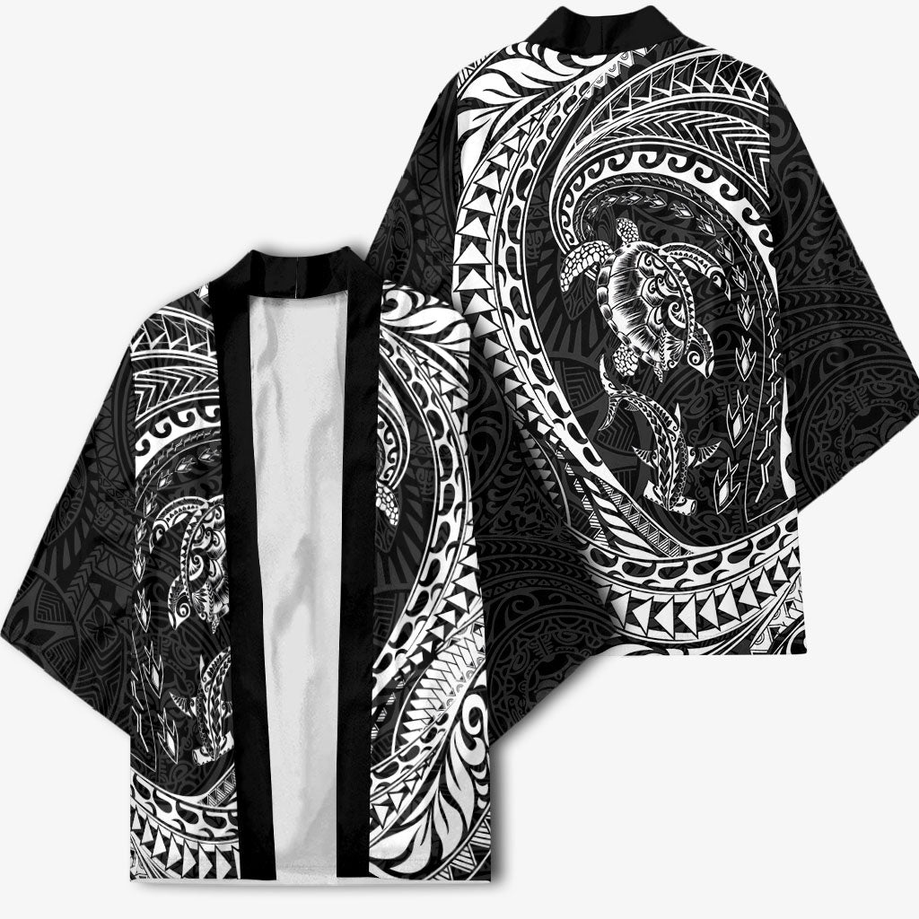 Hawaiian Turtle and Shark Kimono Kakau Tribal with Polynesian Pattern Black Color LT03 - Polynesian Pride