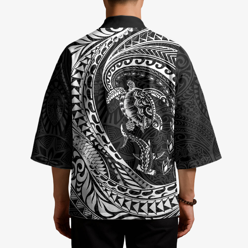 Hawaiian Turtle and Shark Kimono Kakau Tribal with Polynesian Pattern Black Color LT03 - Polynesian Pride